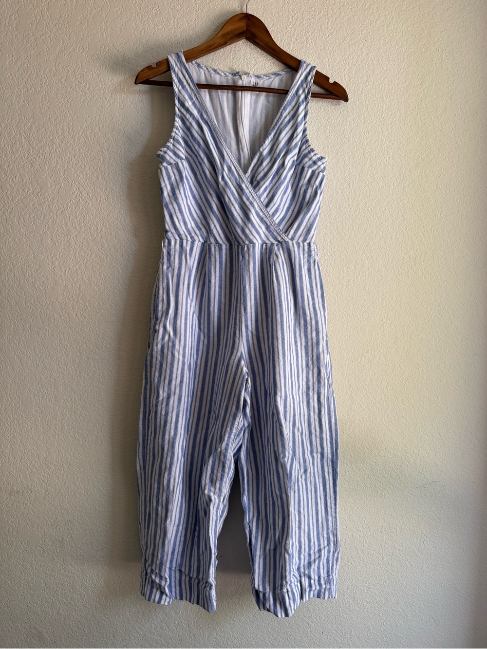Gap 4P Linen Cotton Blue White Striped Wrap Jumpsuit Petite